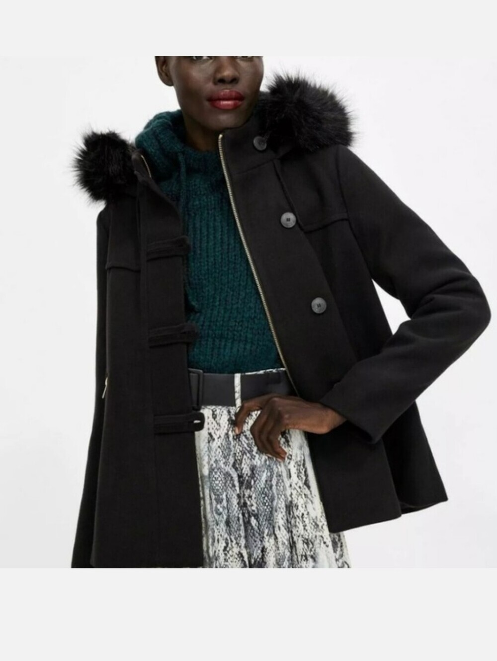 Zara Black Faux Fur-Trim Toggle Pea Coat - Picture 5 of 16
